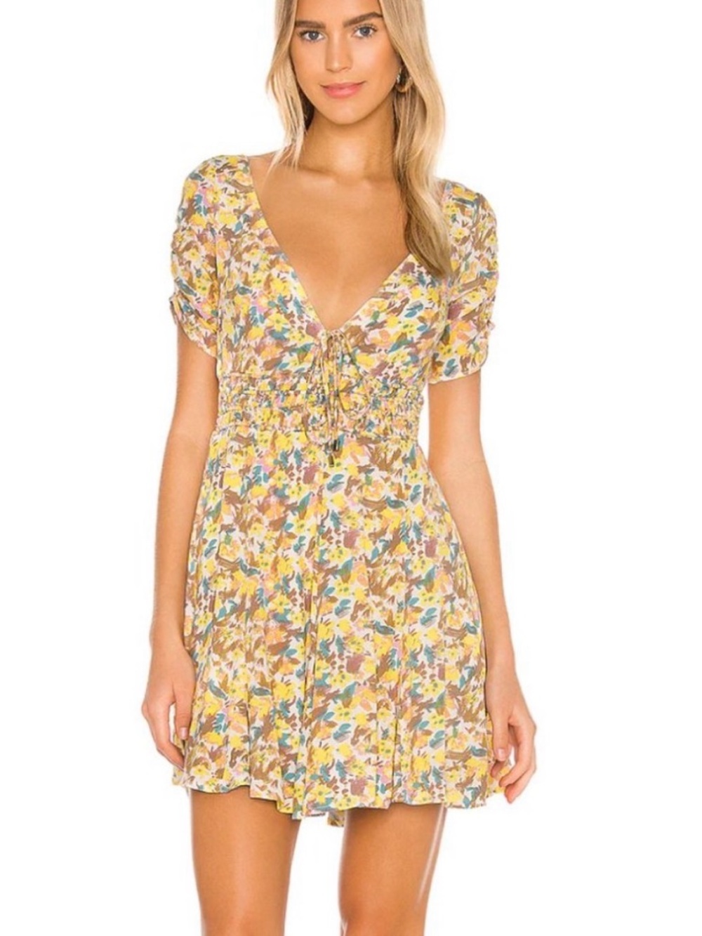 Free People Forget Me Not Yellow Floral Tie-Front Mini Dress